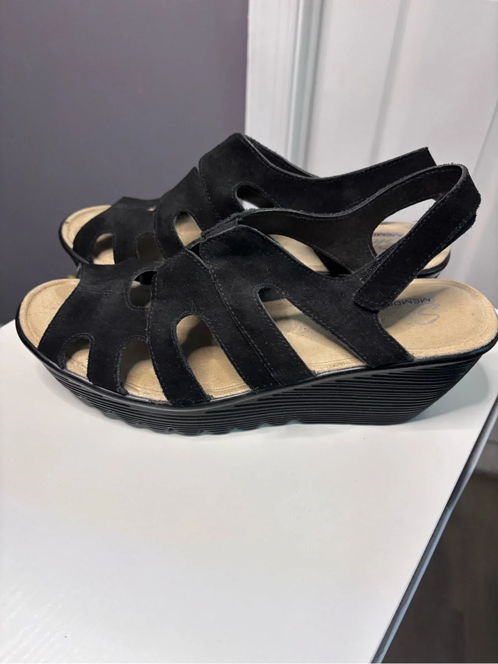 Skechers Memory Foam Black Suede Cutout Slingback Wedge Sandals 8.5